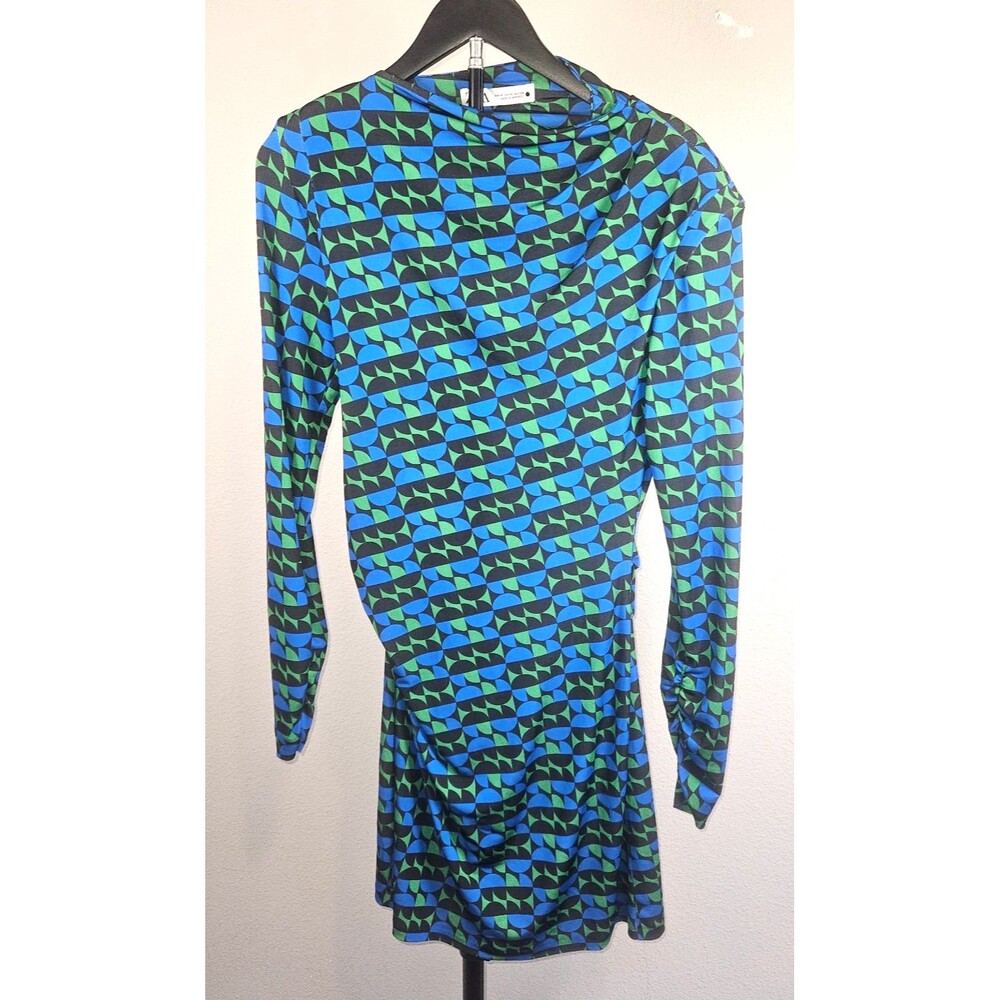 Zara Trafaluc Ruched Dress Womens S Blue Green Geometric Long Sleeve Mini